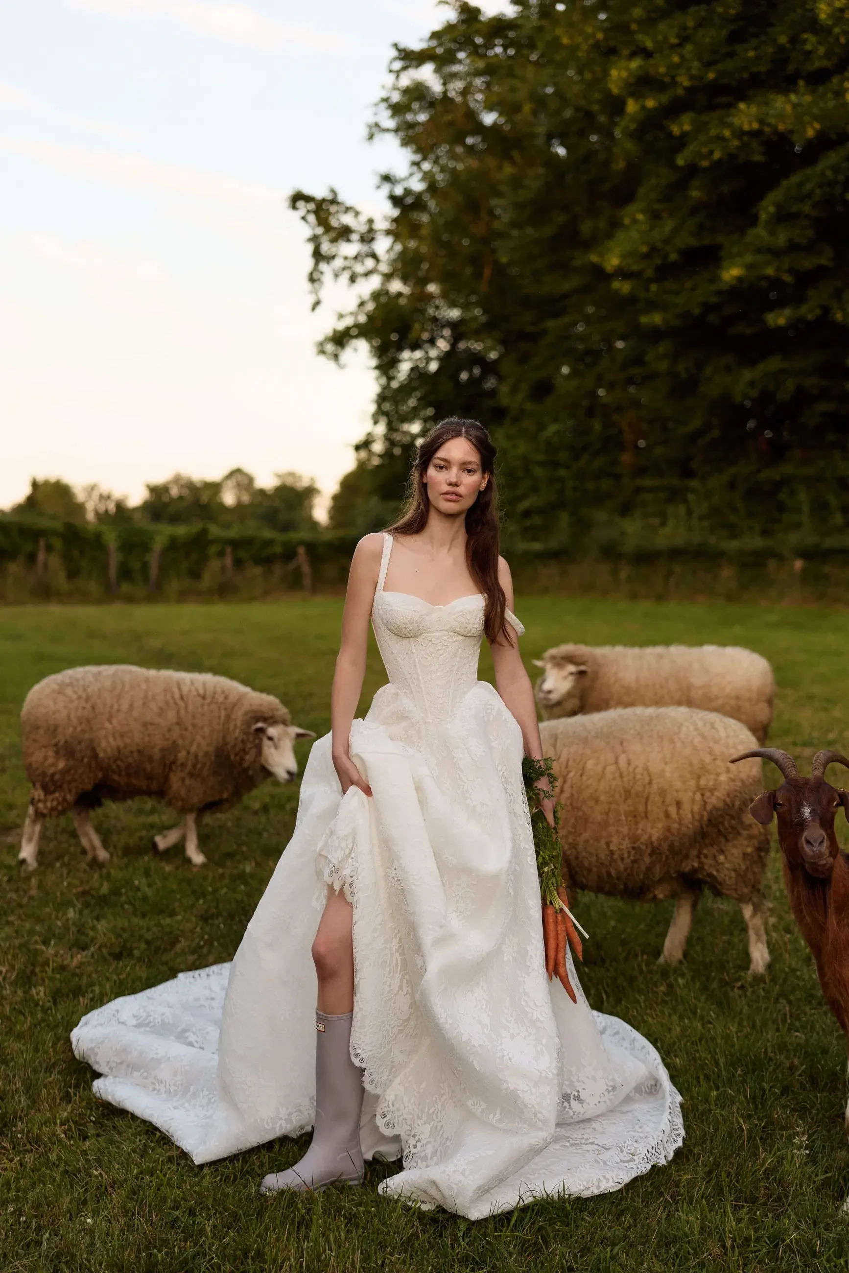 A woman in a flowing white gown stands in a grassy field, holding carrots. Sheep and a goat surround her, under a partly cloudy sky, evoking a serene, rural mood.
